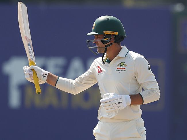 GALLE, SRI LANKA - FEBRUARY 08: Alex Carey of Australia celebrates scoring his 150 runs during day three of the Second Test match in the series between Sri Lanka and Australia at Galle International Stadium on February 08, 2025 in Galle, Sri Lanka. (Photo by Robert Cianflone/Getty Images)