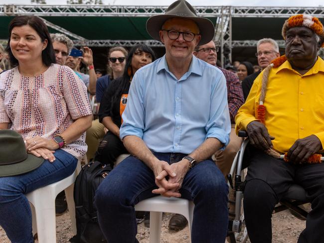 Australian Prime Minister Anthony Albanese (C) attends the Garma Festival at Gulkula on July 29, 2022 in East Arnhem, Australia. Picture: Tamati Smith