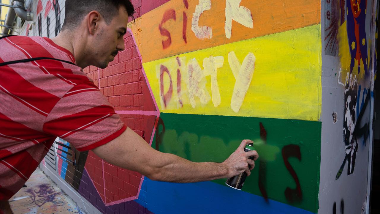 LGBTIQ+ community outrage after Darwin rainbow flag mural vandalised twice April 29, 2023. Pic: Pema Tamang Pakhrin