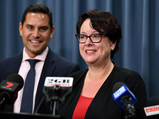 Labor’s Penny Sharpe, with independent MP Alex Greenwich (left), said passing of the bill to ban plastic bags was ‘embarrassing’ for the government. Picture: AAP