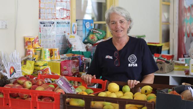 Di Farrell from the NSW Rural Fire Service Wardell Brigade surrounded by donated goods at the preschool. Picture: Liana Boss