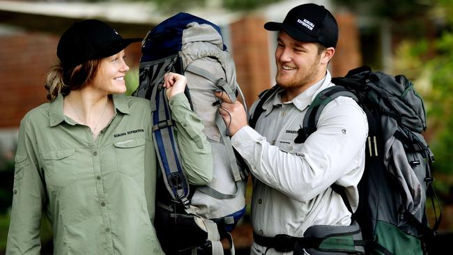 Brisbane Water students Sala Harington and Mat Fisk try out their backpacks. Photo: Sue Graham