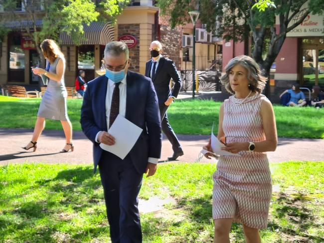 Professor Nicola Spurrier walks to the late press briefing with Mr Wade. Picture: Andrew Hough