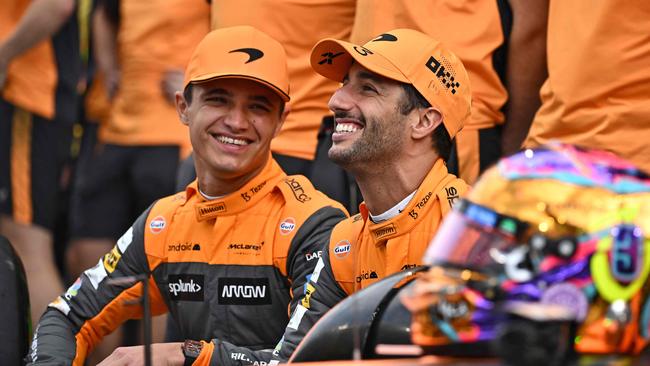 McLaren's British driver Lando Norris (L) and McLaren's Australian driver Daniel Ricciardo