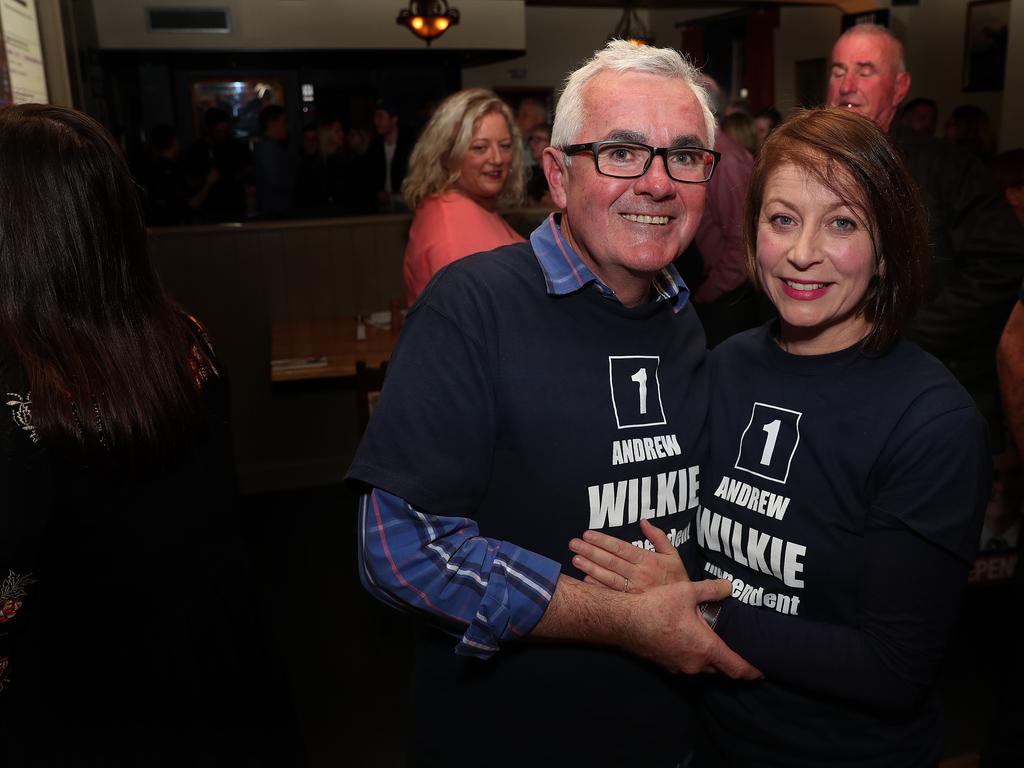 Independent member for Clark, Andrew Wilkie celebrates his win with partner Doctor Clare Ballingall at the Tasmanian Inn in Hobart. Picture: NIKKI DAVIS-JONES