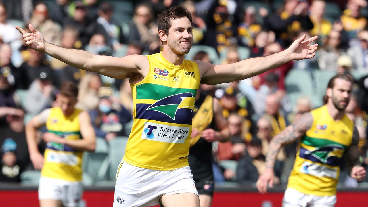 Daniel Menzel of the Eagles celebrates a goal during the SANFL Grand Final. Picture: Sarah Reed