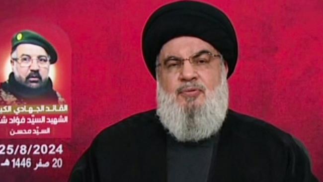 Hezbollah chief Hassan Nasrallah gives a televised address. Picture: AFP.