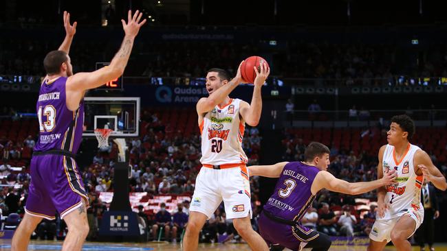 SYDNEY, AUSTRALIA – MARCH 21: Fabijan Krslovic of the Taipans look to pass during the NBL match between the Sydney Kings and the Cairns Taipans at Qudos Bank Arena on March 21, 2021, in Sydney, Australia. (Photo by Jason McCawley/Getty Images)