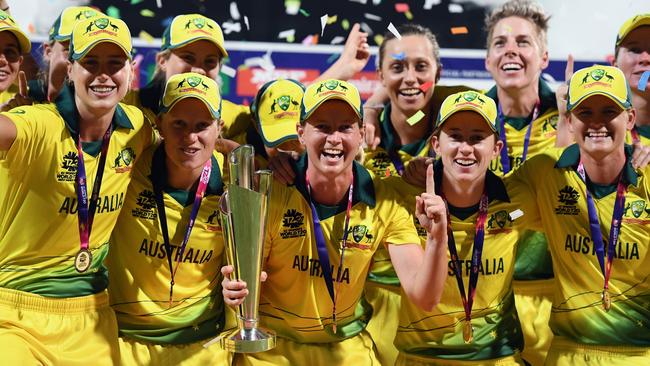 Australia celebrate winning the ICC Women's World T20 2018 in Antigua.