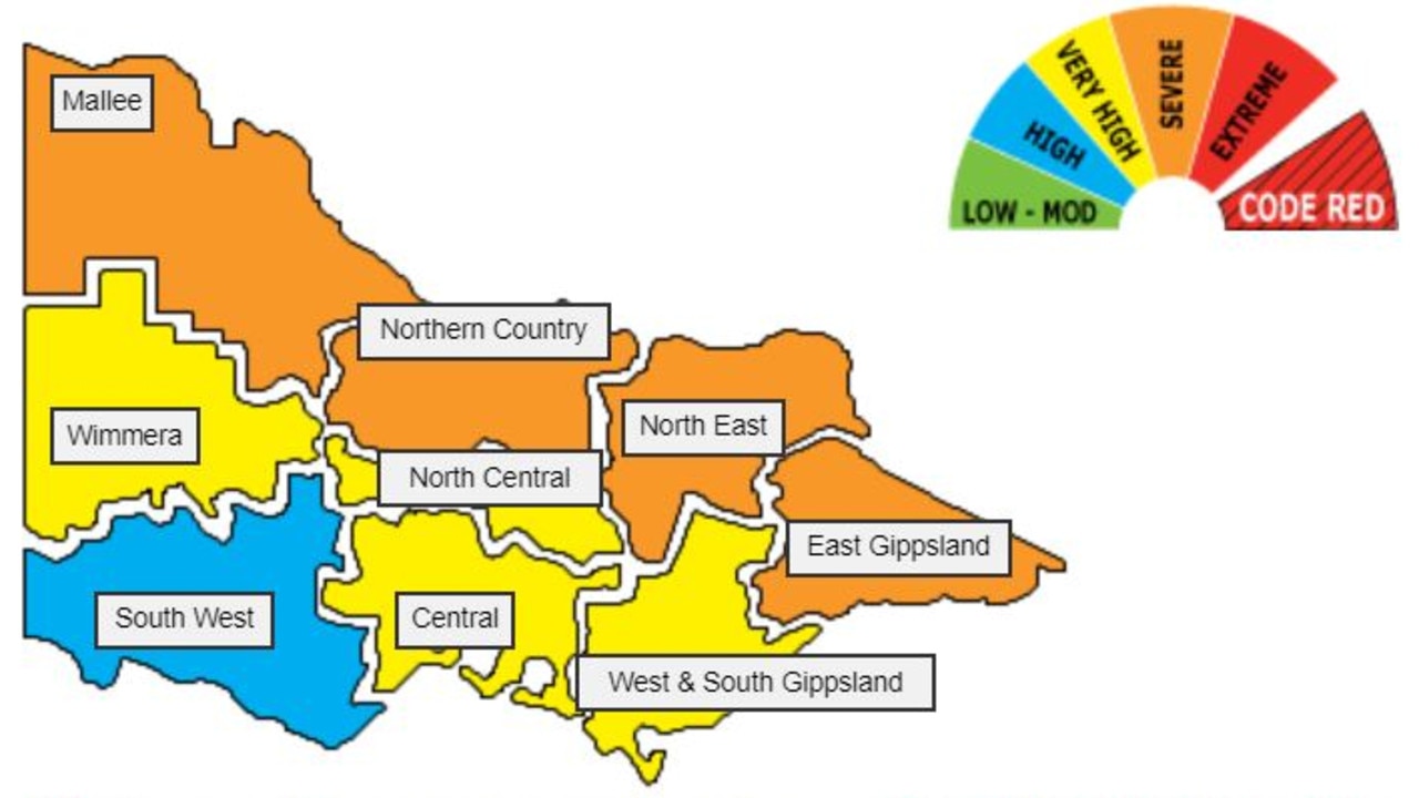 Saturday's fire danger ratings in Victoria, as at 4pm on Wednesday, January 1, 2020. Picture: CFA