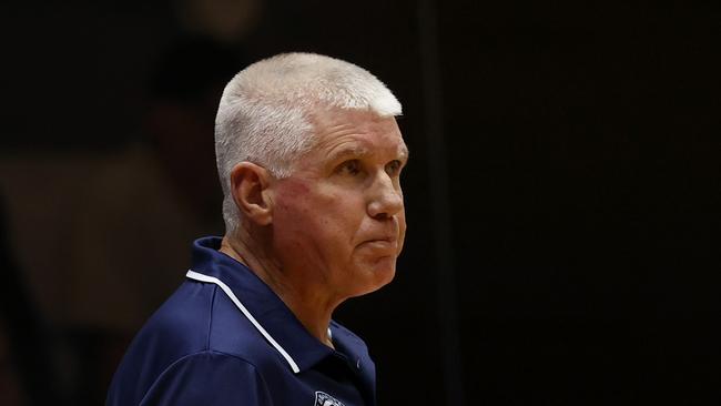 GEELONG, AUSTRALIA - OCTOBER 30: Chris Lucas, Head Coach of Geelong United looks on during the round one WNBL match between Geelong United and Townsville Fire at The Geelong Arena, on October 30, 2024, in Geelong, Australia. (Photo by Kelly Defina/Getty Images)