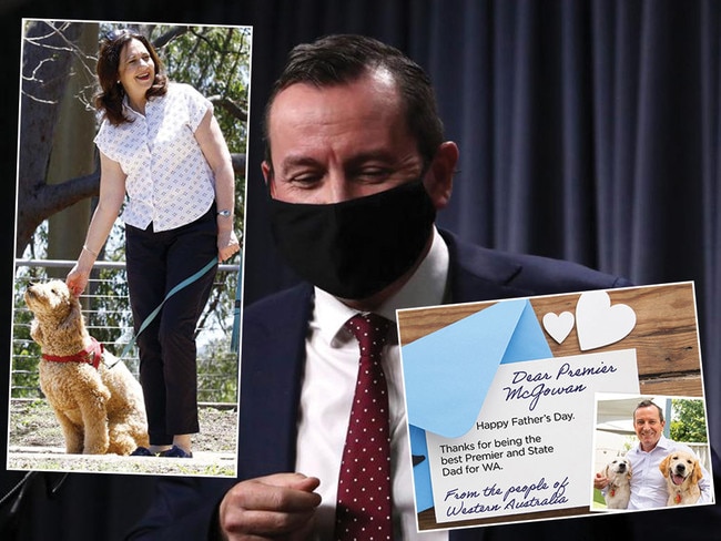 Annastacia Palaszczuk and her dog Winton, left, Mark McGowan, main picture, and the e-card the Labor Party urged WA residents to send to their Premier for Father's Day. Pictures: News Corp/News Corp/Supplied