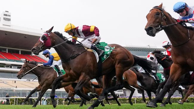 Damien Oliver wins his 121st Group 1 on Shout The Bar in the Empire Rose Stakes.