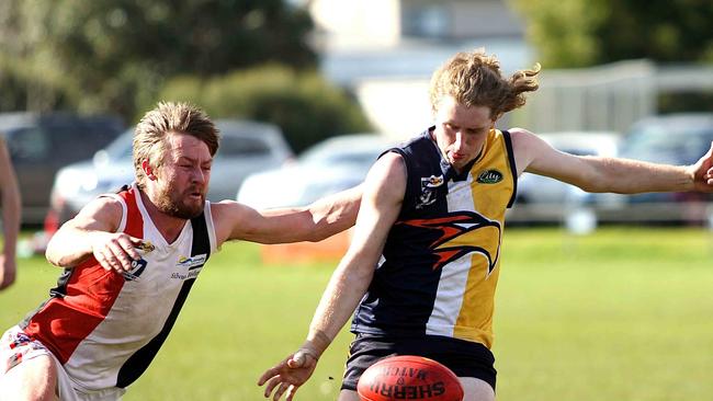 Koroit’s Ben Goodall, left, has played a big role in the club’s sustained run of success. Picture: Geoff Rounds