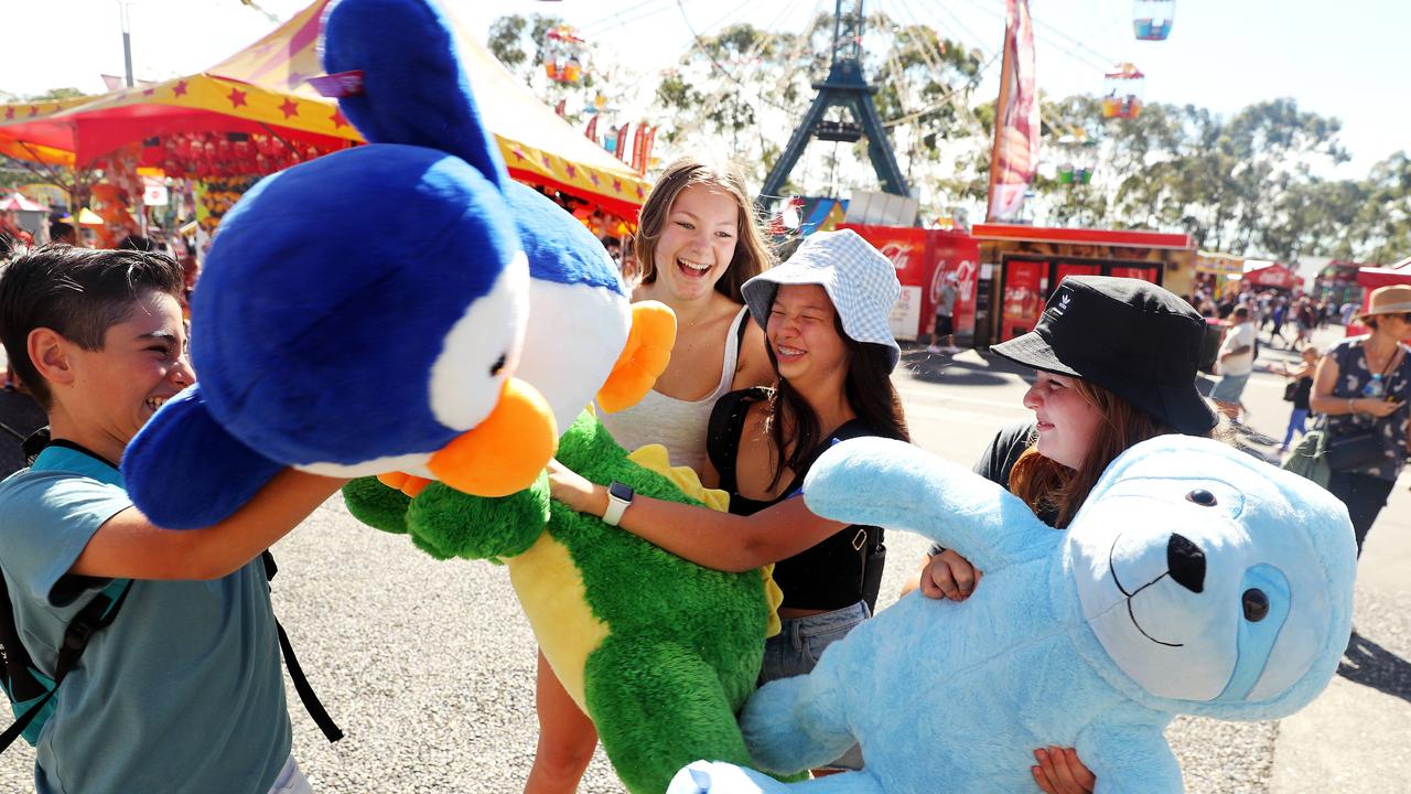 Pictured having fun at the Sydney Royal Easter Show today is Alexander Bernard 13, Madison Hansell 13, Izzy Chan 13 and Yumi Belle Strother 13. Picture: Tim Hunter.