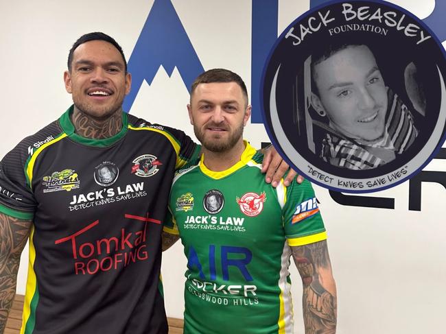 (L-R) Kyle Fraser Oakdale Workers and Nathan Gardner East Campbelltown Eagles, Jack Beasley Foundation game, Macarthur Rugby League, Round 12, 2 July, 2023 at Waminda Oval. Picture: Supplied.