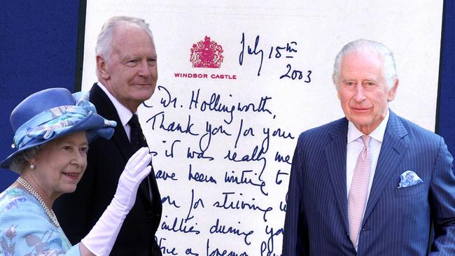 Queen Elizabeth and former governor-general Peter Hollingworth, and King Charles, and one of the letters she sent over his resignation in 2003. Artwork: Emilia Tortorella