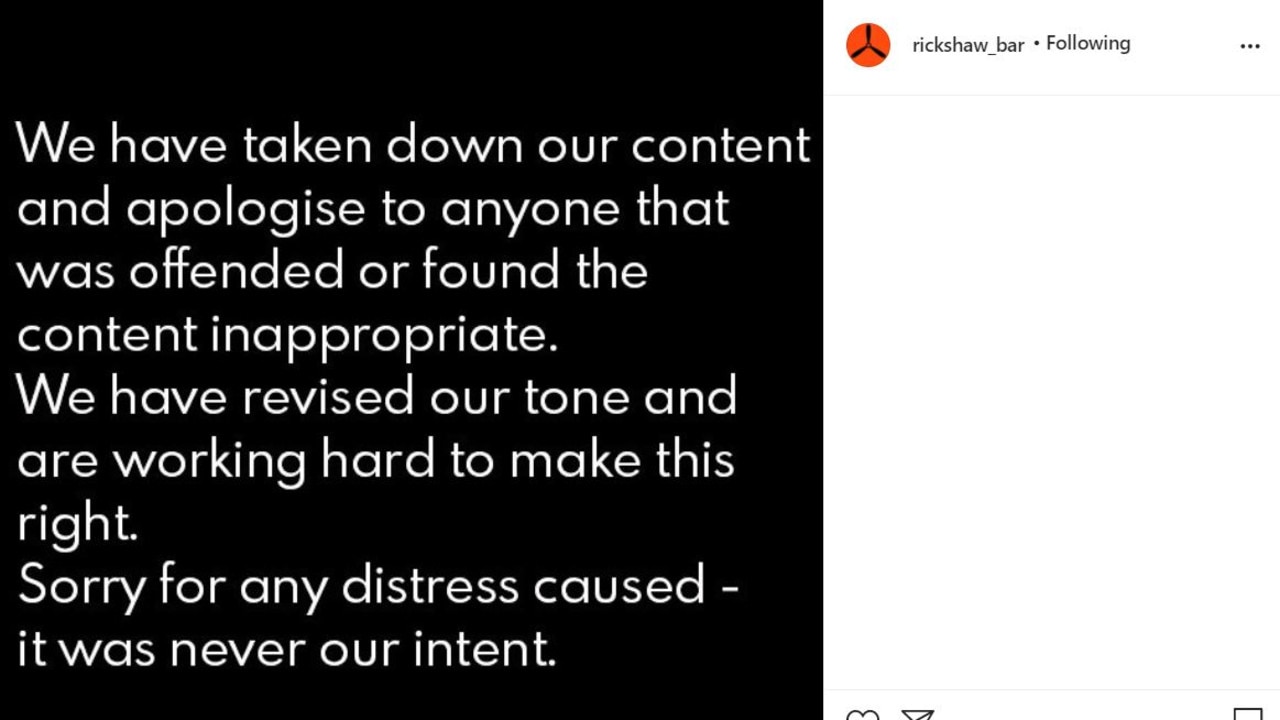 Rickshaw Bar took down its content and "revised our tone". Picture: Instagram / Rickshaw Bar