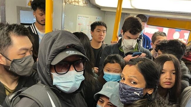 A crowded scene on a Sydney train during the city's worst day of commuter chaos. Picture: @anniepullar / Twitter