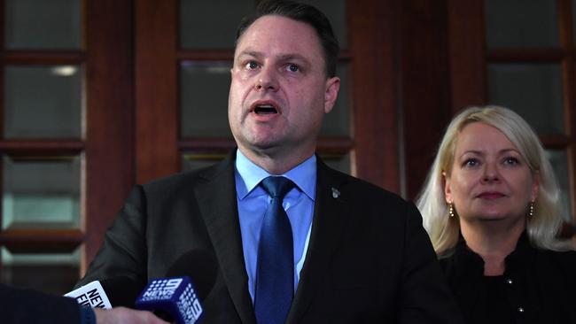 Brisbane Lord Mayor Adrian Schrinner and deputy mayor Krista Adams condemned the Extinction Rebellion protesters tactics at a press conference on August 6. Picture: AAP/Dan Peled