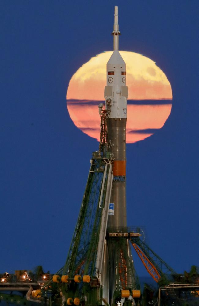 The super moon rises behind Russia’s Soyuz-FG booster rocket with the Soyuz MS-03 space ship that will carry a new crew to the International Space Station (ISS) installed at the launch pad at the Russian leased Baikonur cosmodrome, Kazakhstan, Monday, Nov. 14, 2016. Picture: AP Photo/Dmitri Lovetsky