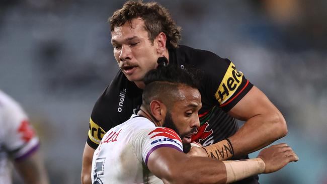 Brent Naden tackles Josh Addo-Carr after coming onto the field in the second half of Sunday’s grand final loss to the Storm. Picture: Cameron Spencer/Getty Images