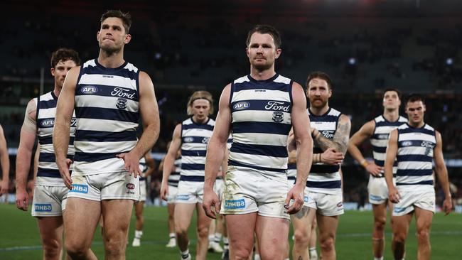 Dangerfield and his teammates walk off the ground after his side’s loss to St Kilda late last year. Picture: Michael Klein