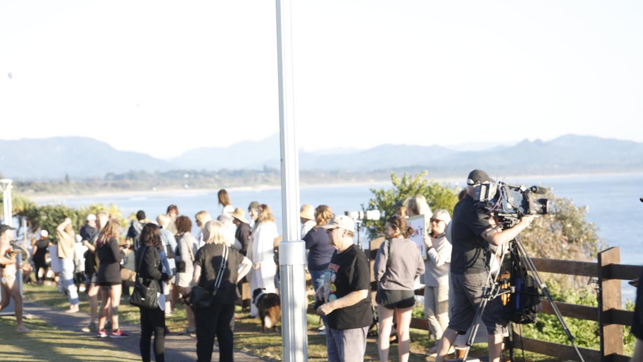 Members of the public took part in a paddle-out at Byron Bay's Main Beach to protest against the planned Netflix reality show Byron Baes on the morning of Tuesday, April 20, 2021. Picture: Liana Boss