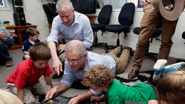 Prime Minister Scott Morrison meets with year one students at the Longreach School of Distance Education. Picture: Alex Ellinghausen