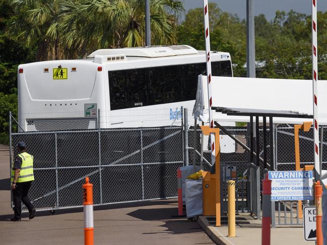 Buses enter the former Inpex workers’ camp in Howard Springs as people arrive to quarantine there during the COVID-19 pandemic. Picture: Lisa McTiernan/Getty Images