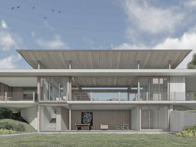 The owners of a luxury Byron holiday apartment business have proposed a $2.7 million home in Newrybar halfway between Ballina and Byron Bay. The property was last sold for $6.3 million in 2021.  The design is a concrete 'cloister home', looking into an inner courtyard. Picture: Aphora.