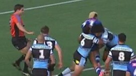 Trindall was still able to make the tackle. Photo: Fox Sports