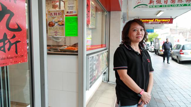 Restaurant owner Winnie Chan, in Eastwood, Sydney, today. Numbers are down in Eastwood because of people’s fear of the coronavirus. Picture: Justin Lloyd