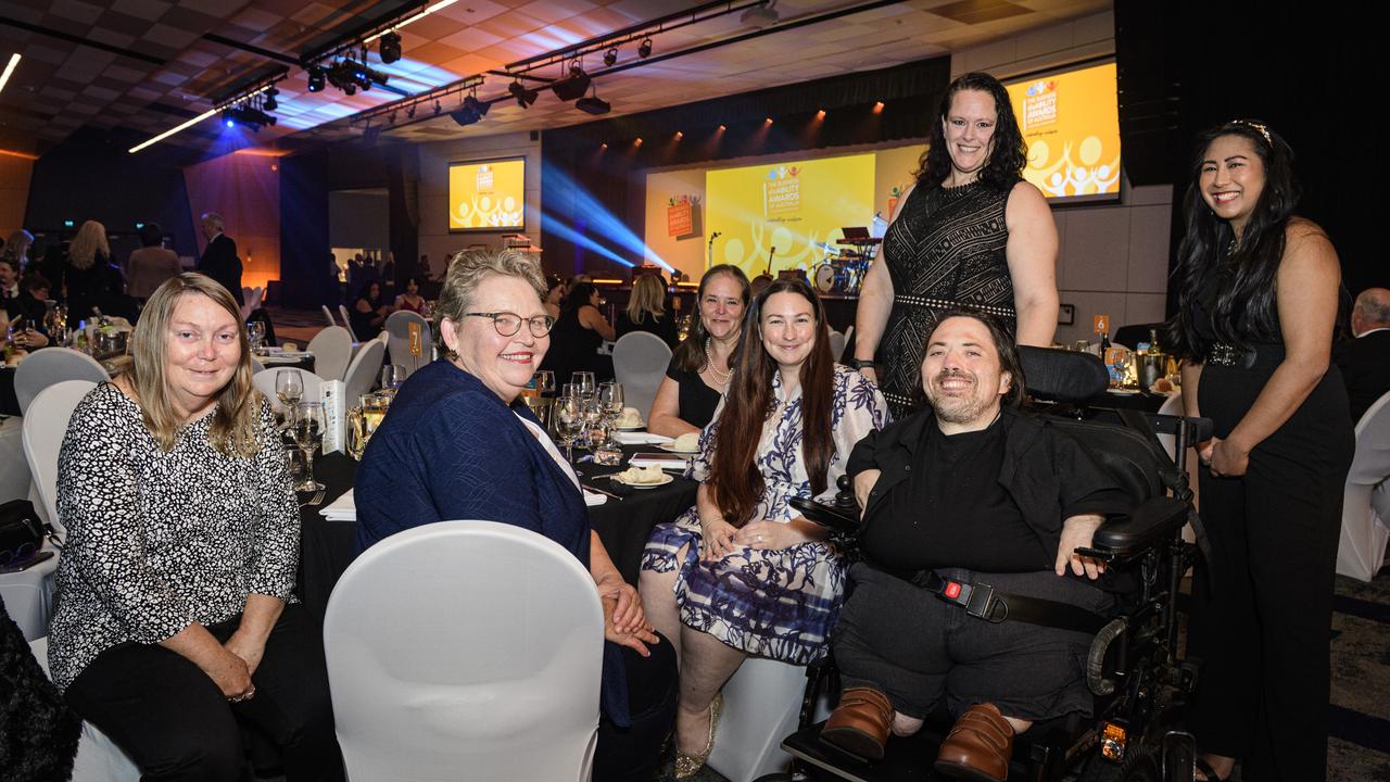 At the Business disAbility Awards of Australia are (from left) Perry Rawlins, Judith Maker-Field, Louise Crawford, Emily Rowe, Ella Davis, Mark Warren and Claire Roselio at Edmund Rice Cultural Centre, Saturday, May 17, 2025. Picture: Kevin Farmer