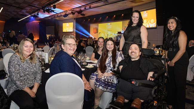 At the Business disAbility Awards of Australia are (from left) Perry Rawlins, Judith Maker-Field, Louise Crawford, Emily Rowe, Ella Davis, Mark Warren and Claire Roselio at Edmund Rice Cultural Centre, Saturday, May 17, 2025. Picture: Kevin Farmer