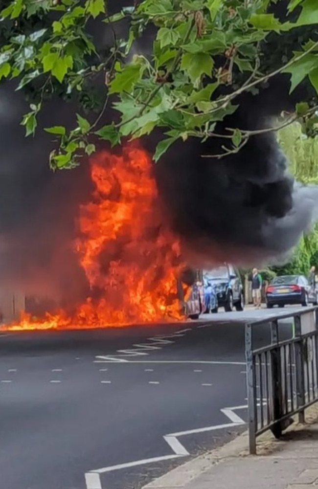 A bus has been engulfed in flames in London’s suburban district of Twickenham. Picture: twitwardio