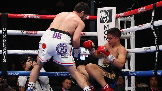 Bilal Akkawy is knocked down by John Ryder (L). Picture: Al Bello/Getty Images