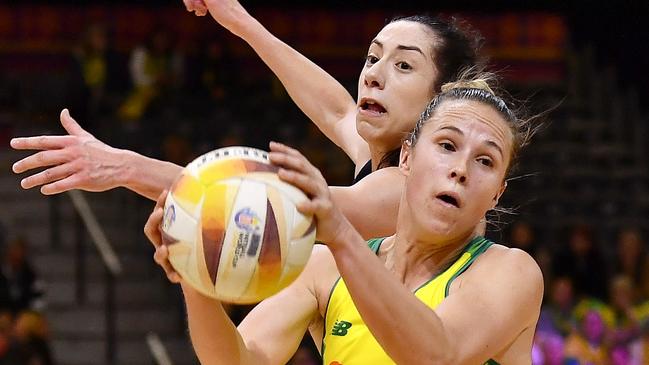 Paige Hadley in action during the Netball World Cup in Cape Town being defended by Hannah Leighton of Scotland. Photo: Gallo Images