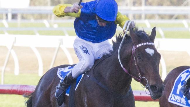 Black Heart Bart charges to victory in the Goodwood at Morphettville. Picture: Atkins Photography