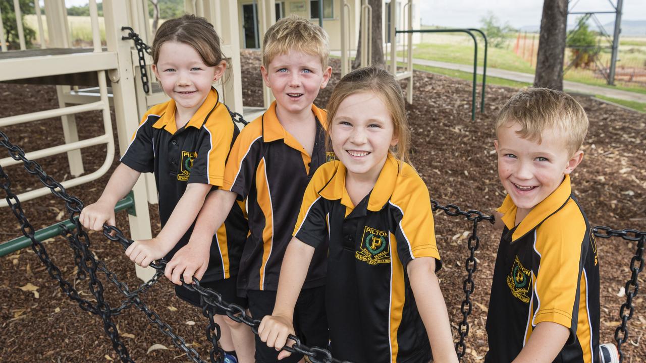 MY FIRST YEAR 2024: Pilton State School Prep students (from left) Charlotte, Rupert, Darcey and Hunter, Thursday, February 15, 2024. Picture: Kevin Farmer