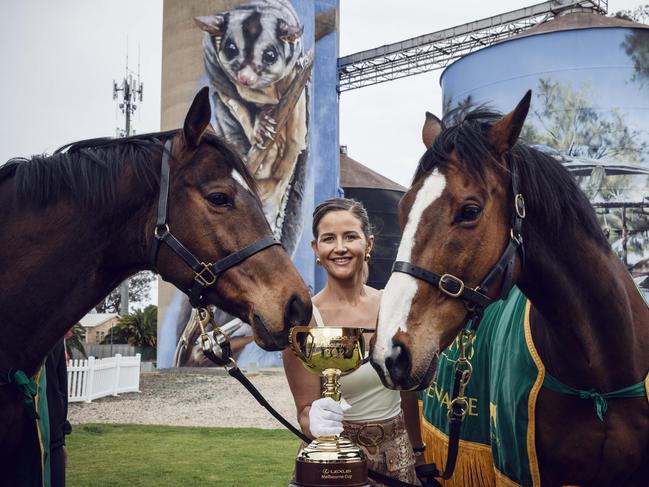 Michelle Payne with past Melbourne Cup winners and Living Legends Prince of Penzance and Twilight Payment. Picture: Nicole Cleary