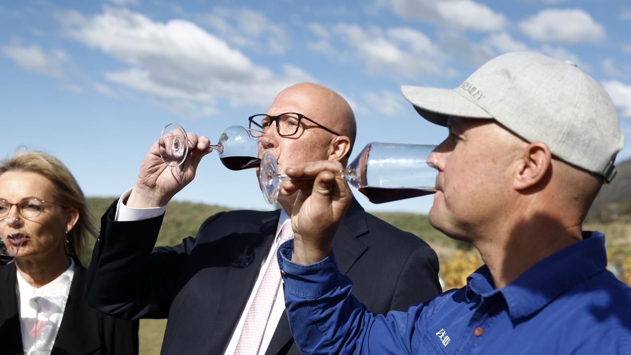 Deputy Opposition Leader Sussan Ley and Opposition Leader Peter Dutton sample some wine campaigning in the Tasmanian seat of Lyons. Picture: Richard Dobson / Newswire