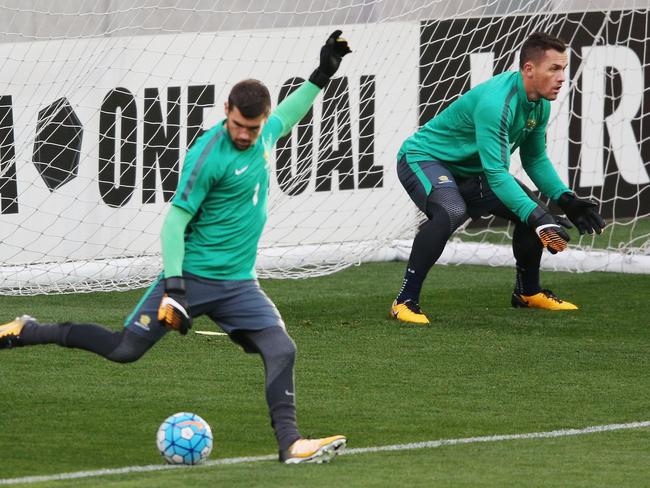 Socceroos goalkeepers Mat Ryan and Daniel Vukovic during an Australian Socceroos training session