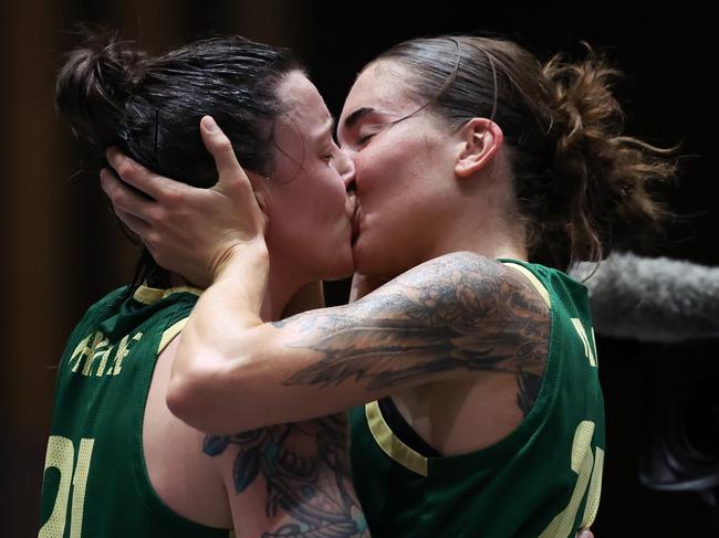 UTSUNOMIYA, JAPAN - MAY 05: Marena Whittle #21 and Anneli Maley #24 of Australia celebrates the victory after the WomenÃ¢â¬â¢s Final match between Australia and CanadaÃÂ on day three of the FIBA 3x3 Olympic Qualifying Tournament 2 at Light Cube Utsunomiya on May 05, 2024 in Utsunomiya, Tochigi, Japan.  (Photo by Takashi Aoyama/Getty Images)