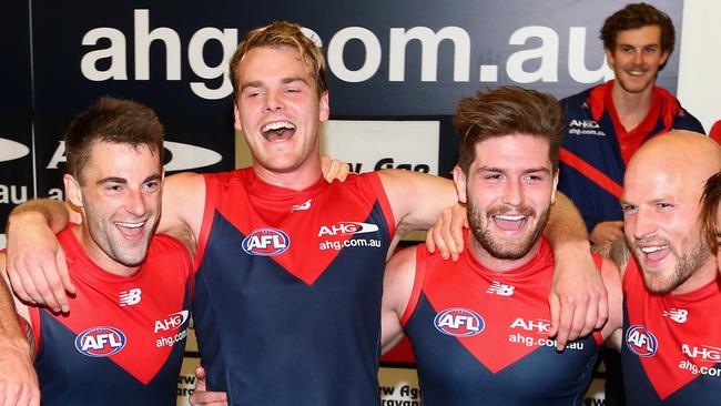 Jack Watts had an intriguing day for Melbourne, featuring in the ruck at times.