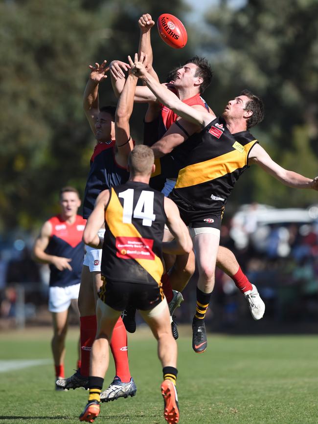 Dane Swan playing for Westmeadows in the Essendon District Football League, against Tullamarine. Picture: Lawrence Pinder