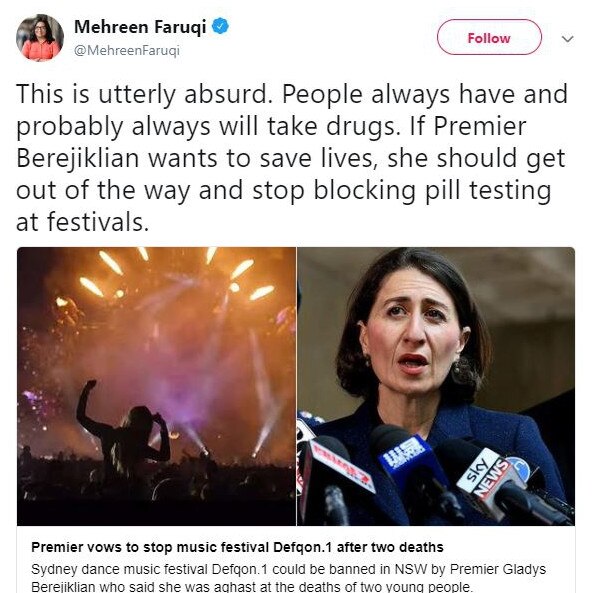 Greens Senator Mehreen Faruqi called the ban talk ‘utterly absurd’. Picture: Twitter