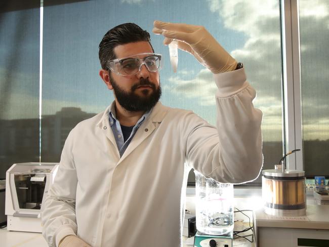 22/05/2020: PhD student Harry Al-Wassiti from Monash University's Institute of Pharmaceutical Sciences, with live Vaccine culture that they will use to test on the Covid-19 virus. Stuart McEvoy/The Australian.