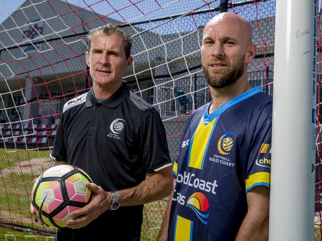 Phelan and Hilton ahead of last year’s game between Gold Coast Select and Chicago's RWB Adria. Picture: Jerad Williams