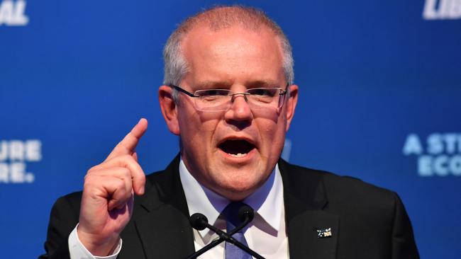 Prime Minister Scott Morrison delivers his Federal Budget Lunch address at the Four Seasons hotel in Sydney, Friday, April, 5, 2019. The Prime Minister is expected to call a Federal Election with in days. (AAP Image/Dean Lewins) NO ARCHIVING